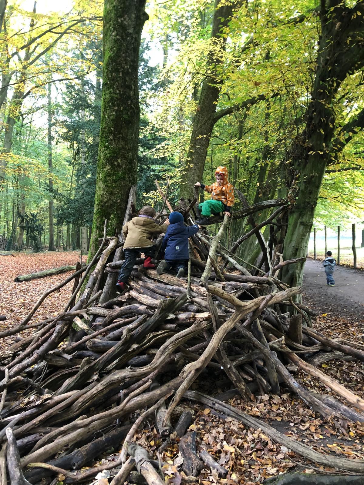 Kinder auf einem Asthaufen im Wald