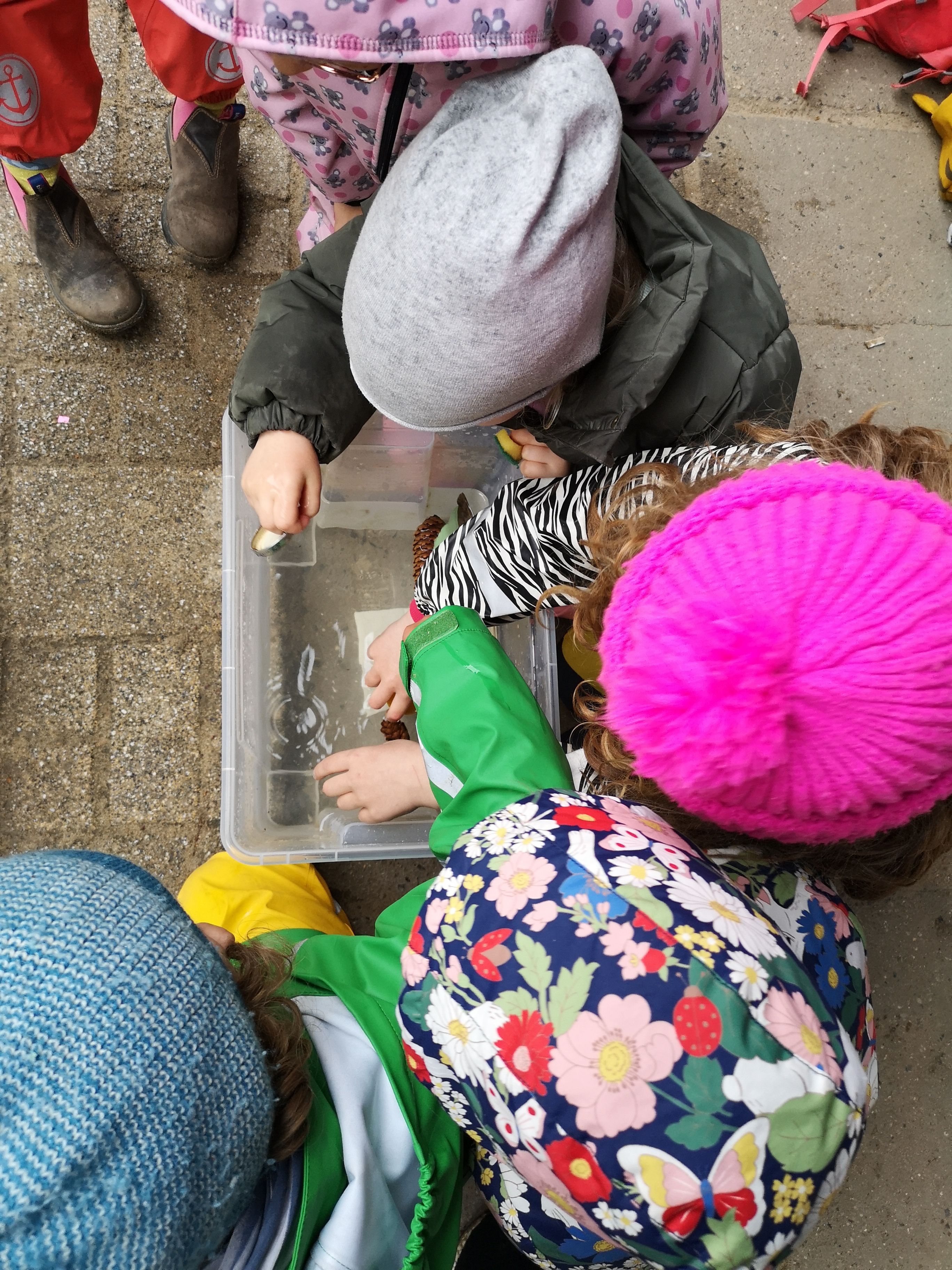Kinder forschen mit Gegenständen  in einer Wasserwanne